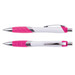 A plastic pen featuring a sleek white body with pink accents and a chrome clip, designed for writing. A plastic pen featuring a sleek white body with pink accents and a chrome clip, designed for writing.