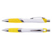 A set of plastic pens in white and yellow, featuring a shiny chrome trim and a clip on the side. A set of plastic pens in white and yellow, featuring a shiny chrome trim and a clip on the side.