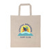 A beige tote bag with a logo featuring surfboards, palm trees, and waves in blue and yellow tones. A beige tote bag with a logo featuring surfboards, palm trees, and waves in blue and yellow tones.