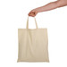 A hand holds a natural-coloured tote bag with short handles, featuring a plain design and no visible branding. A hand holds a natural-coloured tote bag with short handles, featuring a plain design and no visible branding.