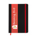 A black A5 notebook with a red elastic band and branding on the front cover. A black A5 notebook with a red elastic band and branding on the front cover.