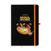 A black A5 notebook with an illustrated cover featuring food items and a logo. It has an orange elastic band. A black A5 notebook with an illustrated cover featuring food items and a logo. It has an orange elastic band.