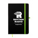 A black A5 notebook with a green elastic band and a logo on the cover. A black A5 notebook with a green elastic band and a logo on the cover.