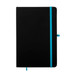 A black A5 notebook with a turquoise elastic band and two bookmarks, featuring a smooth cover and a branded logo. A black A5 notebook with a turquoise elastic band and two bookmarks, featuring a smooth cover and a branded logo.