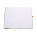 An open A5 notebook featuring lined pages and an orange ribbon bookmark, with a black cover. An open A5 notebook featuring lined pages and an orange ribbon bookmark, with a black cover.