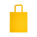 A bright yellow cotton tote bag with short handles. A bright yellow cotton tote bag with short handles.