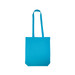 A bright turquoise colored cotton long handle bag with sturdy shoulder straps. A bright turquoise colored cotton long handle bag with sturdy shoulder straps.