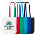 A collection of coloured cotton long handle bags in white, red, green, blue, and black, featuring a logo on one bag. A collection of coloured cotton long handle bags in white, red, green, blue, and black, featuring a logo on one bag.