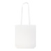A white cotton long handle bag with two sturdy straps. It features a plain design and has a logo on it. A white cotton long handle bag with two sturdy straps. It features a plain design and has a logo on it.