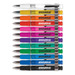 A collection of colorful plastic pens arranged in a row, featuring various vibrant colors and a logo.