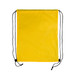 A yellow drawstring backpack with black cords for closure. A yellow drawstring backpack with black cords for closure.