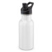 A drink bottle in white with a black sports lid and a loop for easy carrying. It features a logo on the side. A drink bottle in white with a black sports lid and a loop for easy carrying. It features a logo on the side.
