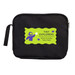 A black utility pouch featuring a colorful logo with green and purple accents, including a zipper and a handle.