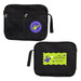 A black utility pouch featuring two pockets and logos in bright colors, one with a green and purple design.