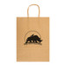 A large brown paper bag with twisted handles and a logo featuring a rhino. A large brown paper bag with twisted handles and a logo featuring a rhino.