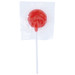 A red lollipop packaged in clear plastic with a white stick. A red lollipop packaged in clear plastic with a white stick.