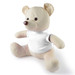 A plush bear with a beige body and a white shirt, featuring a brown nose and round ears.
