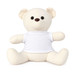 A plush calico bear in cream, featuring a white t-shirt and button-like eyes. It has a simple, friendly design.