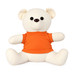 A plush bear with a cream-coloured body and an orange shirt, featuring large black eyes and a stitched nose.