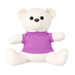 A plush calico bear in white with a purple shirt, featuring large eyes and a friendly expression.