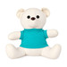 A plush bear in white with a turquoise shirt, featuring large black eyes and a smiling expression. It has a branding logo.