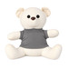 A plush bear with a creamy white body and a grey shirt, featuring large black eyes and a friendly expression.