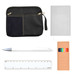 A black zippered pouch, a white notebook, a white pen, a brown box of colored markers, and a clear ruler.