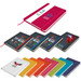 A set of colorful notebooks in various shades, featuring one with a logo and different cover designs.