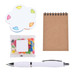 A set of colorful sticky notes shaped like a flower, a small notepad, a bag of jelly beans, and a white pen. A set of colorful sticky notes shaped like a flower, a small notepad, a bag of jelly beans, and a white pen.
