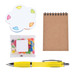 A yellow pen, a notepad, a pack of jelly beans, and a flower-shaped sticky note set. A yellow pen, a notepad, a pack of jelly beans, and a flower-shaped sticky note set.