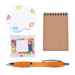 An orange pen, a notepad, colorful sticky notes, and a bag of assorted jelly beans in a gift set. An orange pen, a notepad, colorful sticky notes, and a bag of assorted jelly beans in a gift set.