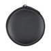 A round black carrying case for earbuds, featuring a zip closure and a sleek design. A round black carrying case for earbuds, featuring a zip closure and a sleek design.