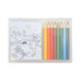 A drawing set with a clear case containing colored pencils in various hues and a coloring sheet featuring a cartoon character. A drawing set with a clear case containing colored pencils in various hues and a coloring sheet featuring a cartoon character.