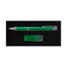 A green pen and a green USB drive are displayed together in a promotional gift set.