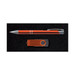 A gift set featuring a sleek pen and a modern USB flash drive, both displayed in a dark presentation box.