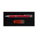 A red pen and a red USB flash drive on a black background, presented in a sleek gift set.