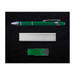A green pen, silver business card holder, and green USB flash drive on a dark background. A green pen, silver business card holder, and green USB flash drive on a dark background.