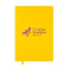 A yellow A5 notebook with a logo on the cover, featuring a smooth surface and a matching ribbon bookmark. A yellow A5 notebook with a logo on the cover, featuring a smooth surface and a matching ribbon bookmark.