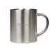 A stainless steel coffee mug with a brushed finish and a sturdy handle. It features a logo.