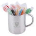 A silver Java mug filled with assorted colour lollipops wrapped in clear plastic. The mug features a logo. A silver Java mug filled with assorted colour lollipops wrapped in clear plastic. The mug features a logo.
