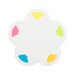 A flower-shaped sticky note pad in white with pink, yellow, green, and blue sections on the edges. A flower-shaped sticky note pad in white with pink, yellow, green, and blue sections on the edges.