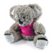 A plush koala toy with a fluffy gray body and a bright pink shirt, designed for fun and games. A plush koala toy with a fluffy gray body and a bright pink shirt, designed for fun and games.