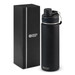 A drink bottle in matte black with a silver lid, packaged in a sleek black box featuring a logo.