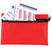 A red zippered pouch containing adhesive bandages and a first aid kit. A red zippered pouch containing adhesive bandages and a first aid kit.