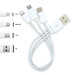 A white 3 in 1 combo USB cable with Micro, 8 Pin, and Type C connectors, featuring a USB plug. A white 3 in 1 combo USB cable with Micro, 8 Pin, and Type C connectors, featuring a USB plug.