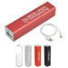 A red power bank with a USB cable, alongside silver, white, and black versions of the same product. A red power bank with a USB cable, alongside silver, white, and black versions of the same product.
