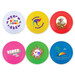 A set of colorful frisbees in white, yellow, red, blue, and green, each featuring different logos and designs. A set of colorful frisbees in white, yellow, red, blue, and green, each featuring different logos and designs.