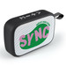 A black portable speaker with mesh design and a colourful logo, featuring a carrying strap. A black portable speaker with mesh design and a colourful logo, featuring a carrying strap.