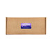 A brown cardboard box featuring a purple and blue logo with a skyline design. The box is closed and unmarked.