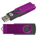 A purple swivel USB flash drive with a black clip and button, featuring a logo. A purple swivel USB flash drive with a black clip and button, featuring a logo.